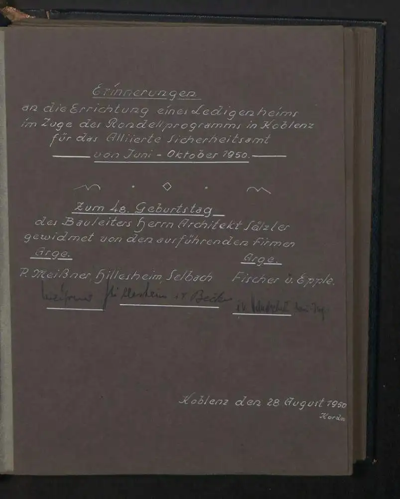 Fotoalbum mit 72 Fotografien, Ansicht Koblenz, Bau des Ledigenheim für das Alliierte Sicherheitsamt 1950, Bault. Sälzer 21