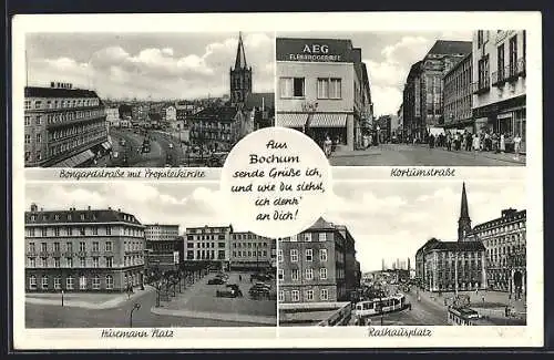 AK Bochum, Bongardstrasse mit Propsteikirche, Kortumstrasse, Rathausplatz und Husemann Platz