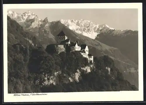 AK Vaduz /Liechtenstein, Schloss Vaduz mit den Bergen