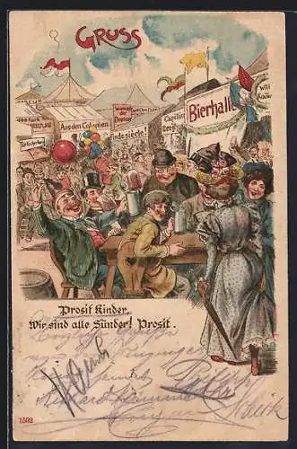 Künstler-AK Bierhalle, Buden und Feiernde auf einem Volksfest