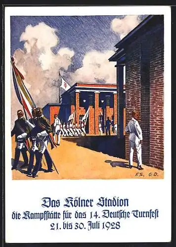 Künstler-AK Köln, 14. Deutsches Turnfest 1928, Studenten im Kölner Stadion