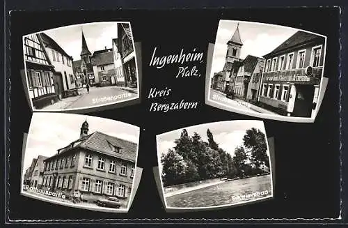 AK Ingenheim /Pfalz, Strassenpartie mit Gasthaus Pfälzer Hof, Rathauspartie, Schwimmbad