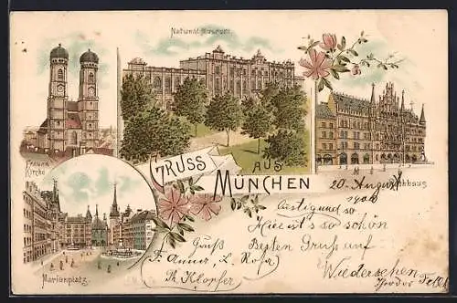 Lithographie München-Au, Marienplatz, Frauenkirche, National-Museum