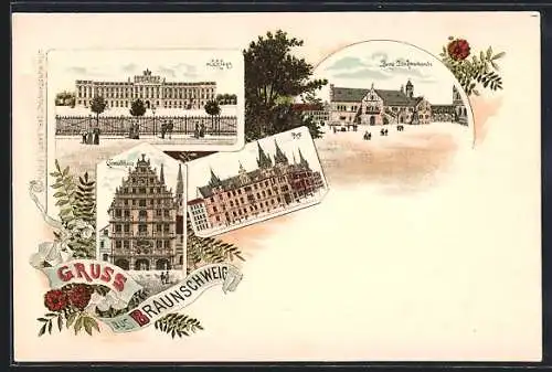 Lithographie Braunschweig, Schloss, Burg Dankwarderode, Geandhaus