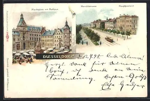 Lithographie Düsseldorf, Marktplatz mit Rathaus, Haroldstrasse mit Strassenbahn und Hauptpostamt