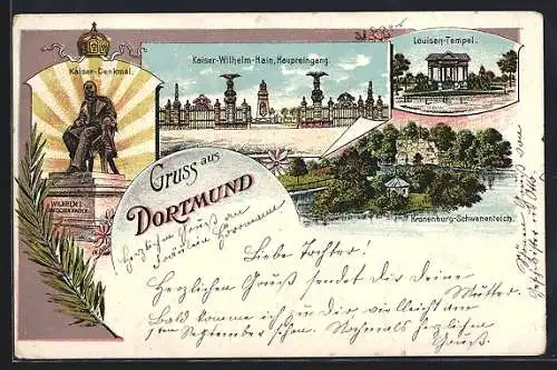 Lithographie Dortmund, Kaiser-Denkmal, Louisen-Tempel, Kronenburg-Schwanenteich, Zweig, um 1900