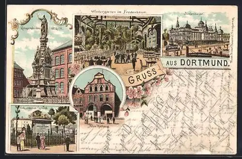 Lithographie Dortmund, Gasthaus Fredenbaum, Altes Rathaus, Kriegerdenkmal