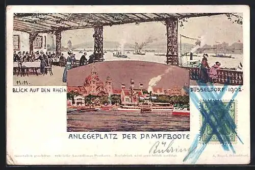 Lithographie Düsseldorf, Ausstellung 1902 - Blick auf den Rhein, Anlegeplatz der Dampfboote