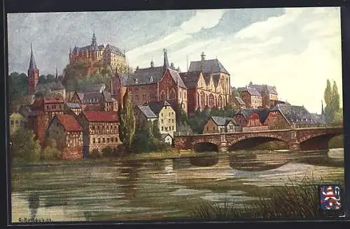 AK Marburg, Ortspartie mit Steinbrücke und Blick zum Schloss, Wappen