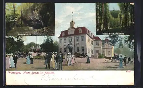 AK Eisenach, Hotel Hohe Sonne, Blick zur Wartburg, Hochwaldsgrotte