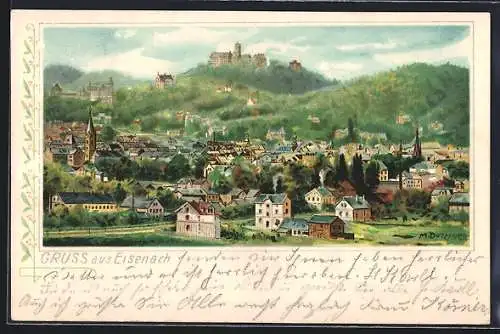 Künstler-Lithographie Eisenach, Gesamtansicht mit Wartburg