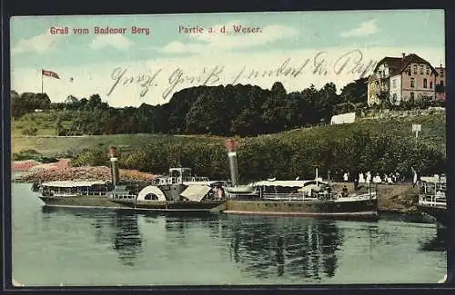 AK Baden /Weser, Weserpartie, Badener Berg, Panorama vom Wasser aus