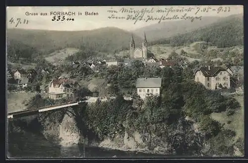 AK Forbach /Baden, Gesamtansicht mit Brücke u. Kirche aus der Vogelschau