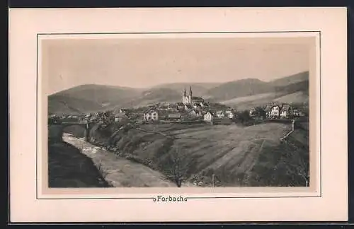 AK Forbach, Gesamtansicht mit Brücke und Bergpanorama