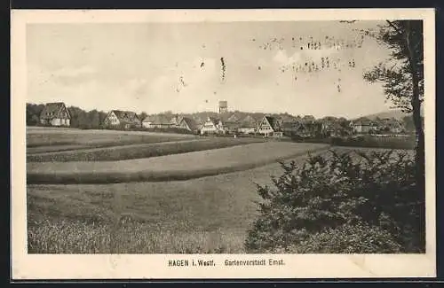 AK Hagen i. W., Gartenvorstadt Emst, Panorama mit Feldern