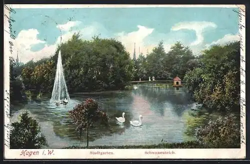 AK Hagen i. W., Stadtgarten, Schwanenteich mit Fontäne