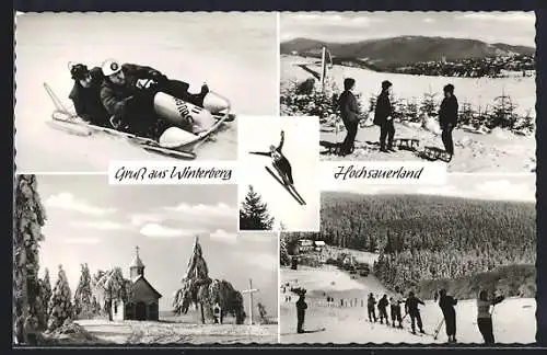 AK Winterberg /Hochsauerland, Bobschlittenfahrer, verschneite Kirche und Skifahrer