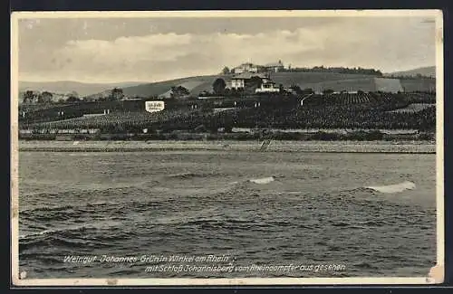 AK Winkel am Rhein, Weingut Johannes Grün mit Schloss Johannisberg vom Rheindampfer aus gesehen