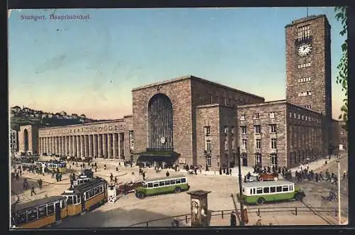 AK Stuttgart, Busse und Strassenbahnen vor dem Hauptbahnhof