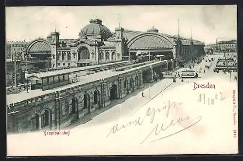 AK Dresden, Blick auf den Hauptbahnhof, Strassenbahn