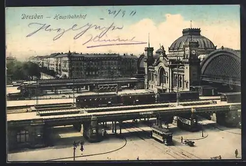 AK Dresden, Strassenbahn am Hauptbahnhof