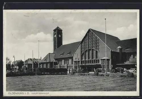 AK Oldenburg i. O., Hauptbahnhof mit Uhrturm