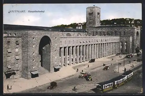 AK Stuttgart, Strassenbahn vor dem Hauptbahnhof