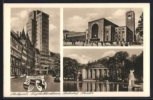 AK Stuttgart, Tagblatthochhaus, Bahnhof & Theater