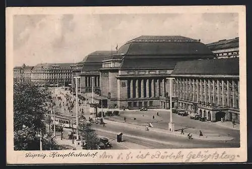 AK Leipzig, Strassenbahn vor dem Hauptbahnhof