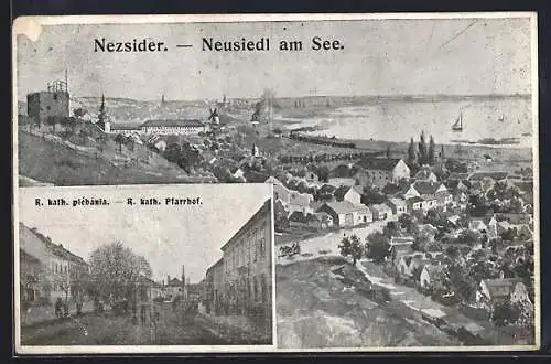 AK Neusiedl am See, R. kath. Pfarrhof und Ortsansicht aus der Vogelschau
