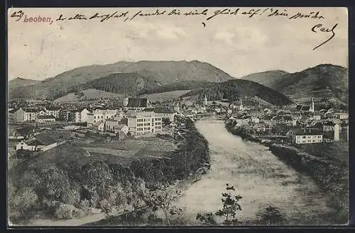 AK Leoben, Ortsansicht mit Flusspartie und Berglandschaft