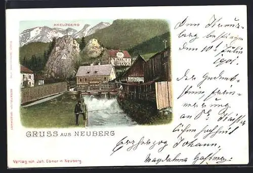 Lithographie Neuberg /Mürz, Ortspartie mit Angler