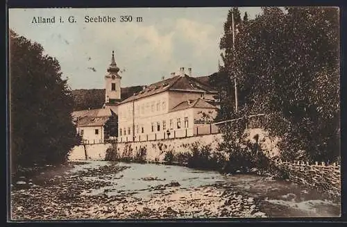 AK Alland i. G., Flusspartie mit Blick auf Gasthaus Löwe