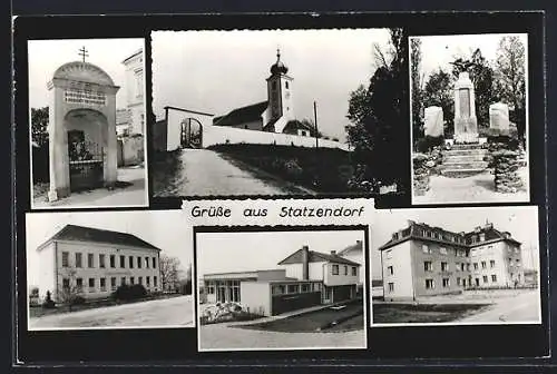 AK Statzendorf, Volksschule, Denkmal und Partie an der Kirche