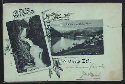 Mondschein-AK Maria Zell, Lassing-Fall, Erlaf-See von der Stiftshütte aus