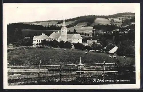 AK St. Jakob am Walde /Ost-Steiermark, Ortspartie mit Kirche