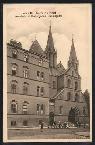 AK Wien III, Kirche z. dreimal wunderbaren Muttergottes in der Jaquingasse, Leute davor auf der Strasse