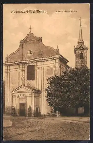 AK Hadersdorf-Weidlingau, Kirche Maria Brunn mit Strassenpartie