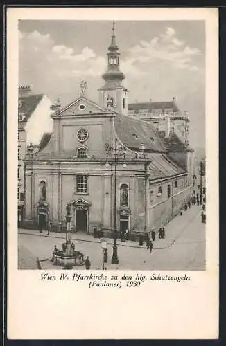 AK Wien, Pfarrkirche zu den hlg. Schutzengeln mit Passanten