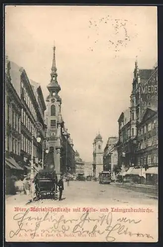 AK Wien, Mariahilferstrasse mit Stifts- und Laimgrubenkirche