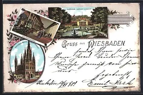 Lithographie Wiesbaden, Colonnaden, Curhaus und Evang. Kirche