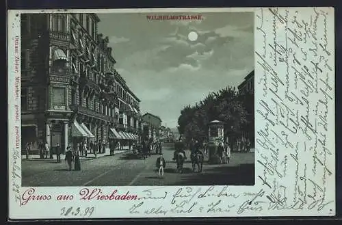 Mondschein-Lithographie Wiesbaden, Wilhelmstrasse bei Nacht