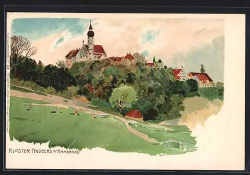 Lithographie Andechs am Ammersee, Ortsansicht mit dem Kloster Andechs