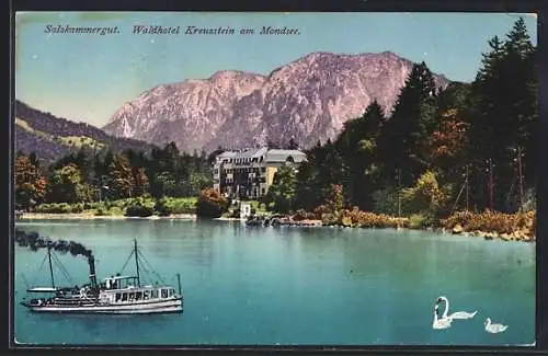 AK Mondsee / Salzkammergut, Waldholte Kreuzstein, Seepartie mit Dampfer