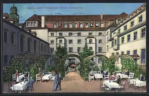 Künstler-AK Zürich, Familienhotel Glockenhof, Hotelgarten