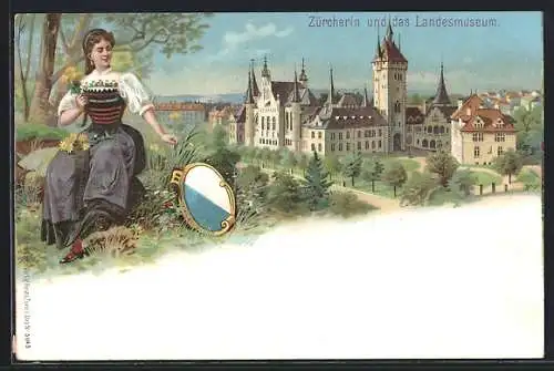 Lithographie Zürich, Landesmuseum und Zürcherin im Trachtenkleid mit Blumen u. dem Stadtwappen