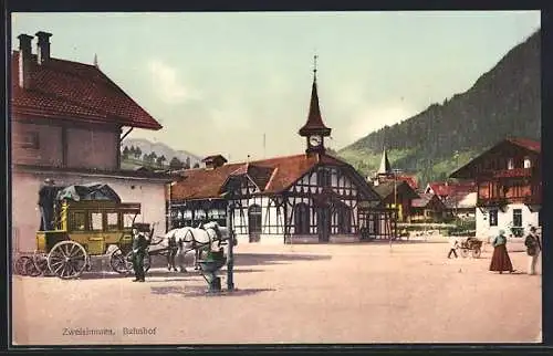 AK Zweisimmen, Blick zum Bahnhof, Pferdekutsche