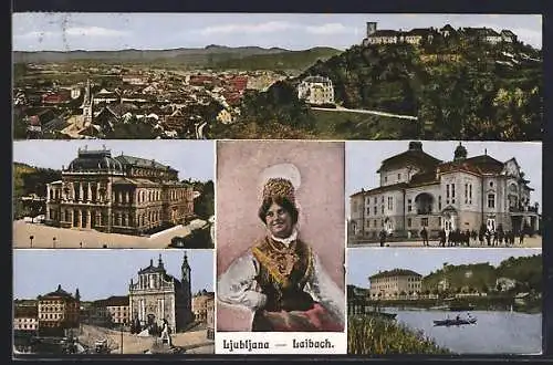 AK Ljubljana / Laibach, Frau in Tracht, Teilansicht, Monumentale Gebäude