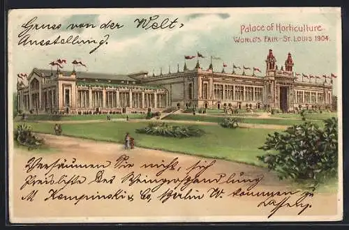 Lithographie St. Louis, Worlds Fair 1904, Palace of Horticulture, Ausstellung