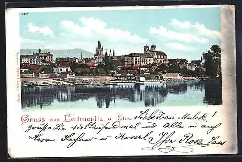 AK Leitmeritz / Litomerice, Blick über die Elbe auf die Altstadt